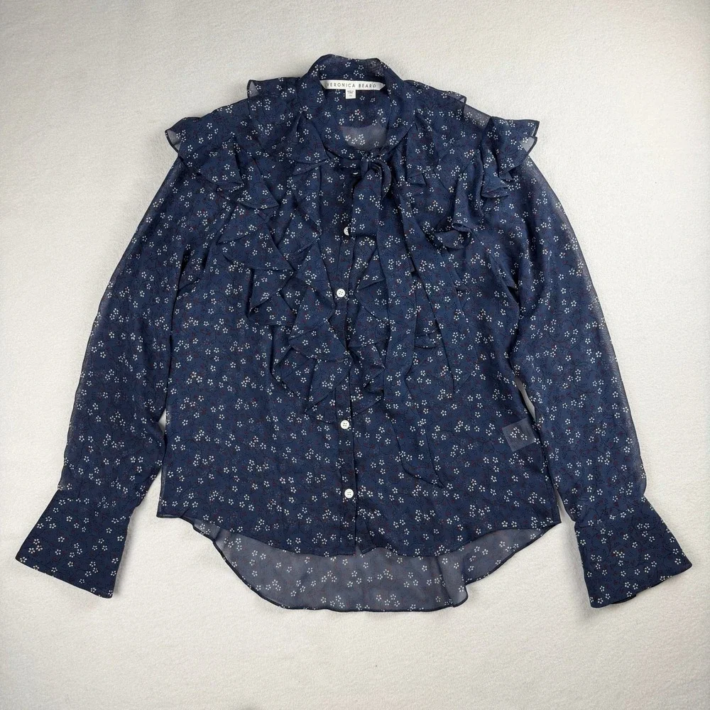 Veronica Beard Women's Finley Ruffled Tie Neck Floral Printed Blouse Navy Sz 10 - Picture 6 of 10